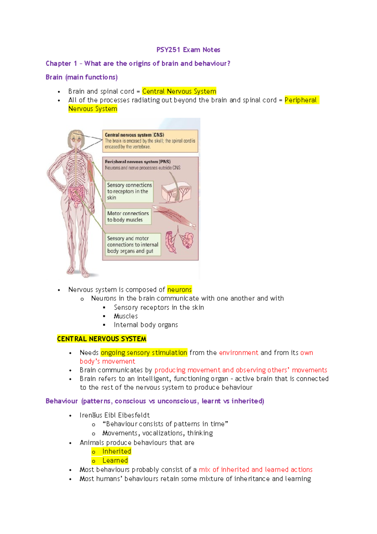 PSY251 Exam Notes: Understanding Brain and Behaviour Concepts - Studocu