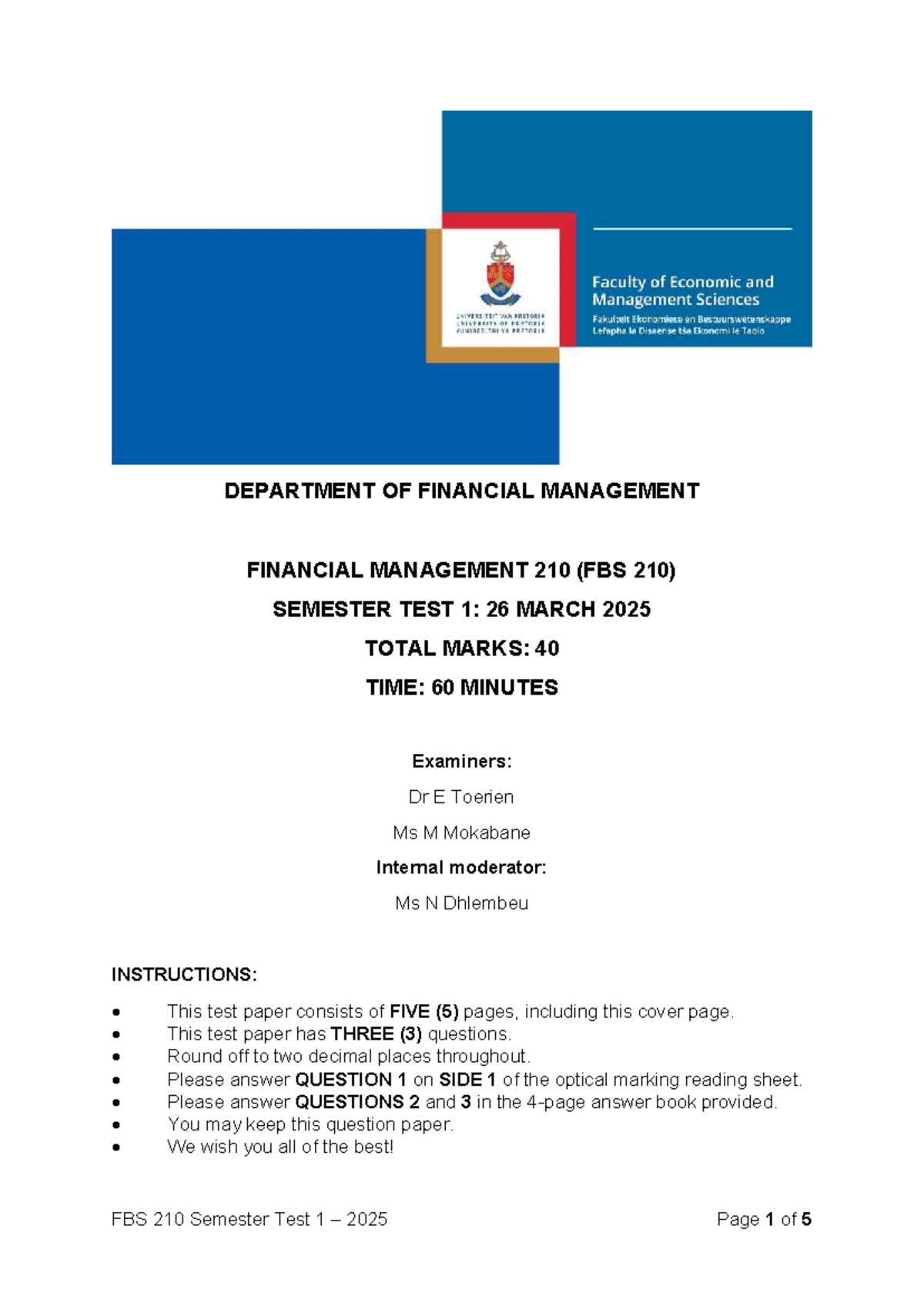 FBS 210 Financial Management Semester Test 1: March 26, 2025 - Studocu