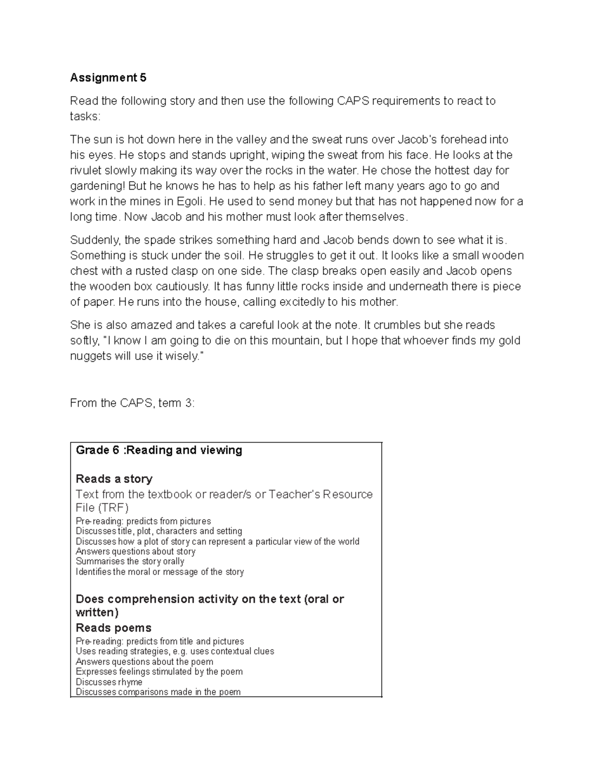 Grade 6 CAPS Assignment 5: Story Analysis and Comprehension Tasks - Studocu