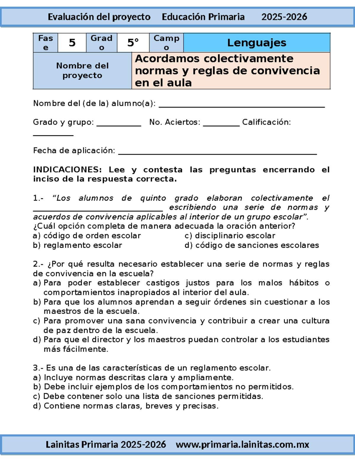 5to Grado - Examen 01: Normas y Acuerdos de Convivencia (2025-2026 ...