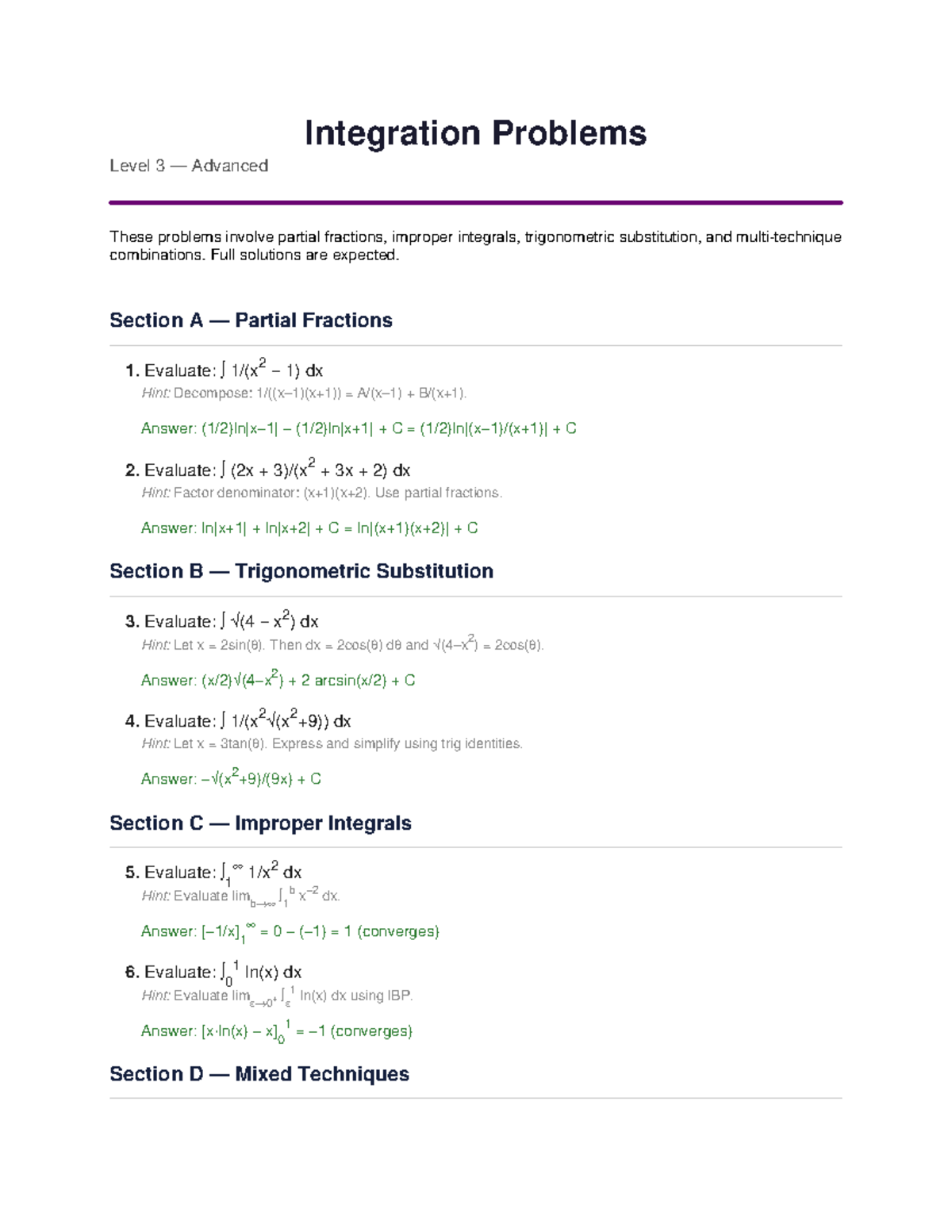 Integration Problems Level 3: Advanced Techniques and Solutions - Studocu