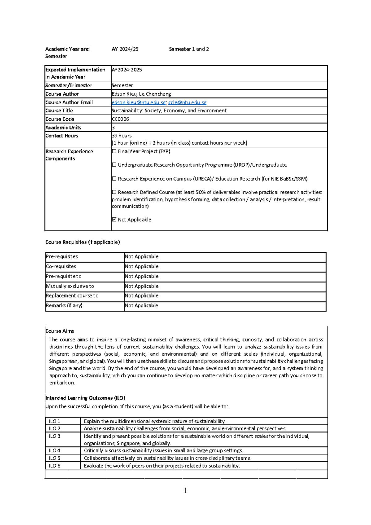 CC0006 Sustainability Course Overview for AY2024-25 Semester 1 - Studocu