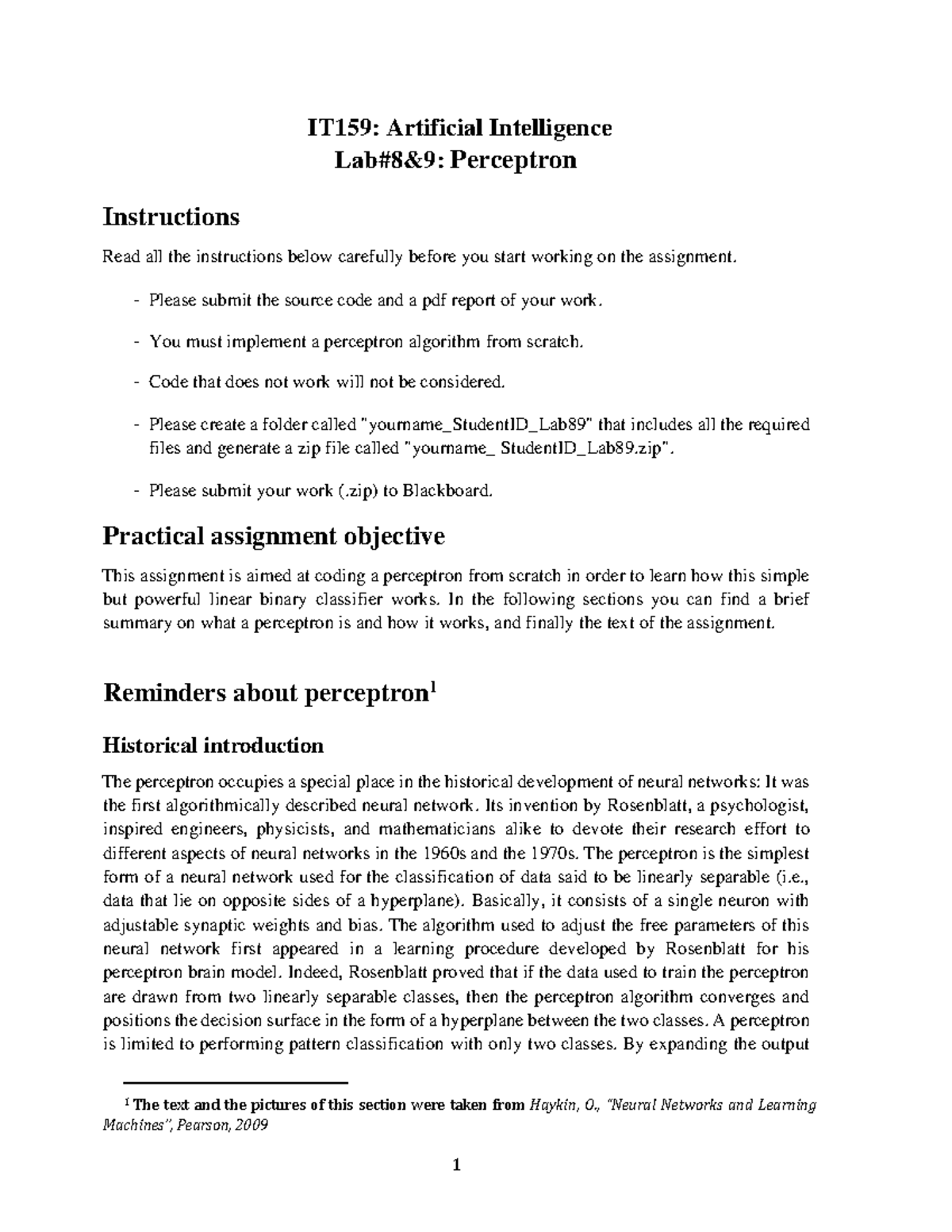 IT159: Lab 89 - Implementing Perceptron Algorithm from Scratch - Studocu