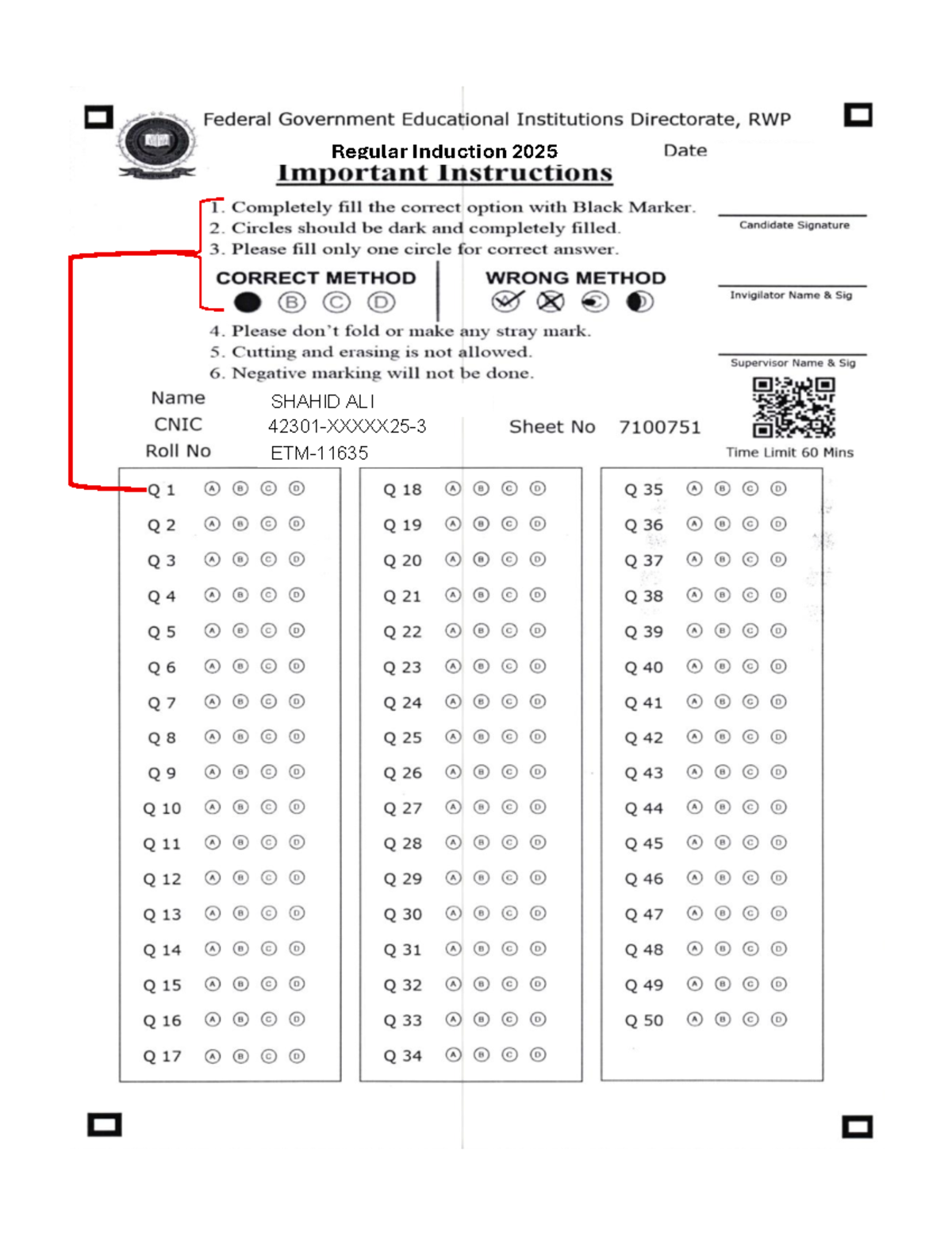 Federal Government Educational Institutions OMR Sheet Instructions 2025 ...
