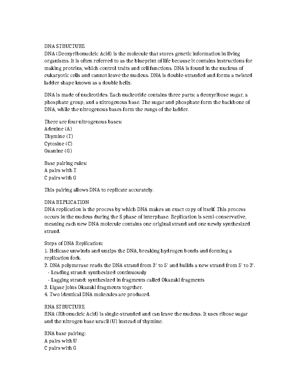 Biology Study Guide: DNA & RNA Structure and Replication - Studocu