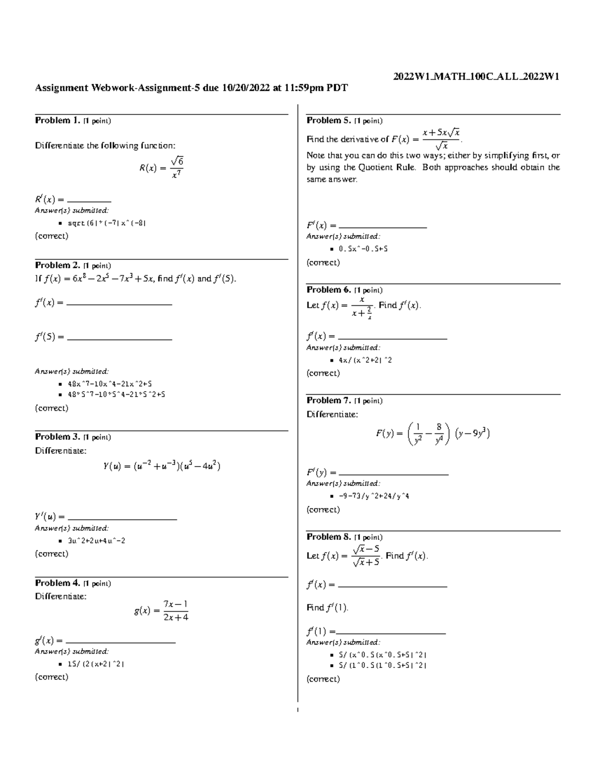 Math A5 - MATH 100 Assignment 5: Differentiation Problems - Studocu