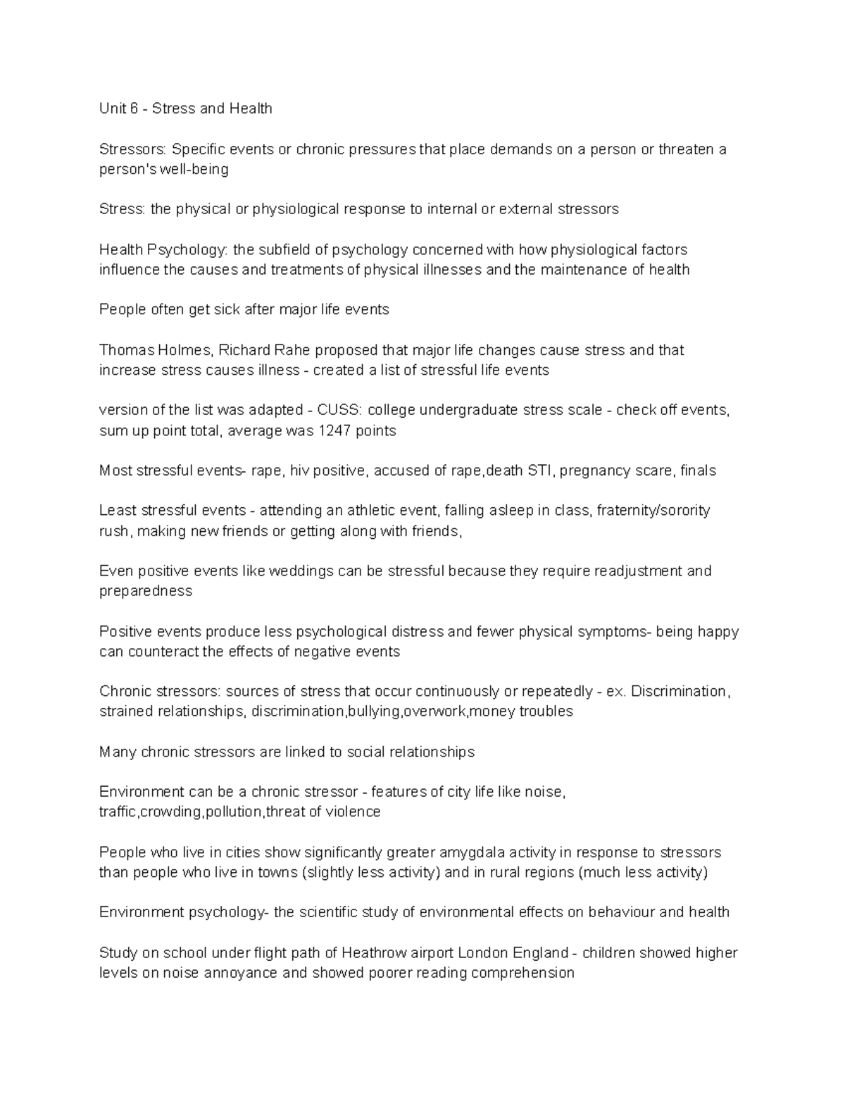Psych 1030: Final Exam Notes on Stress and Its Effects - Studocu