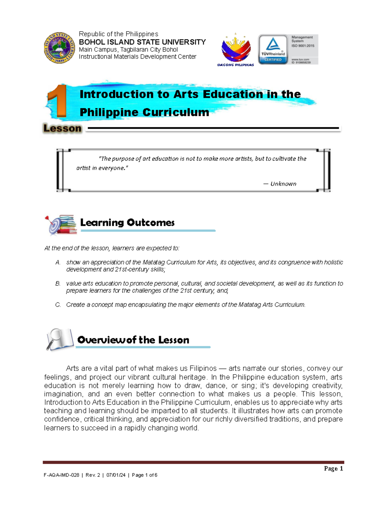 Introduction to Arts Education in the Philippine Curriculum (EDU 101 ...