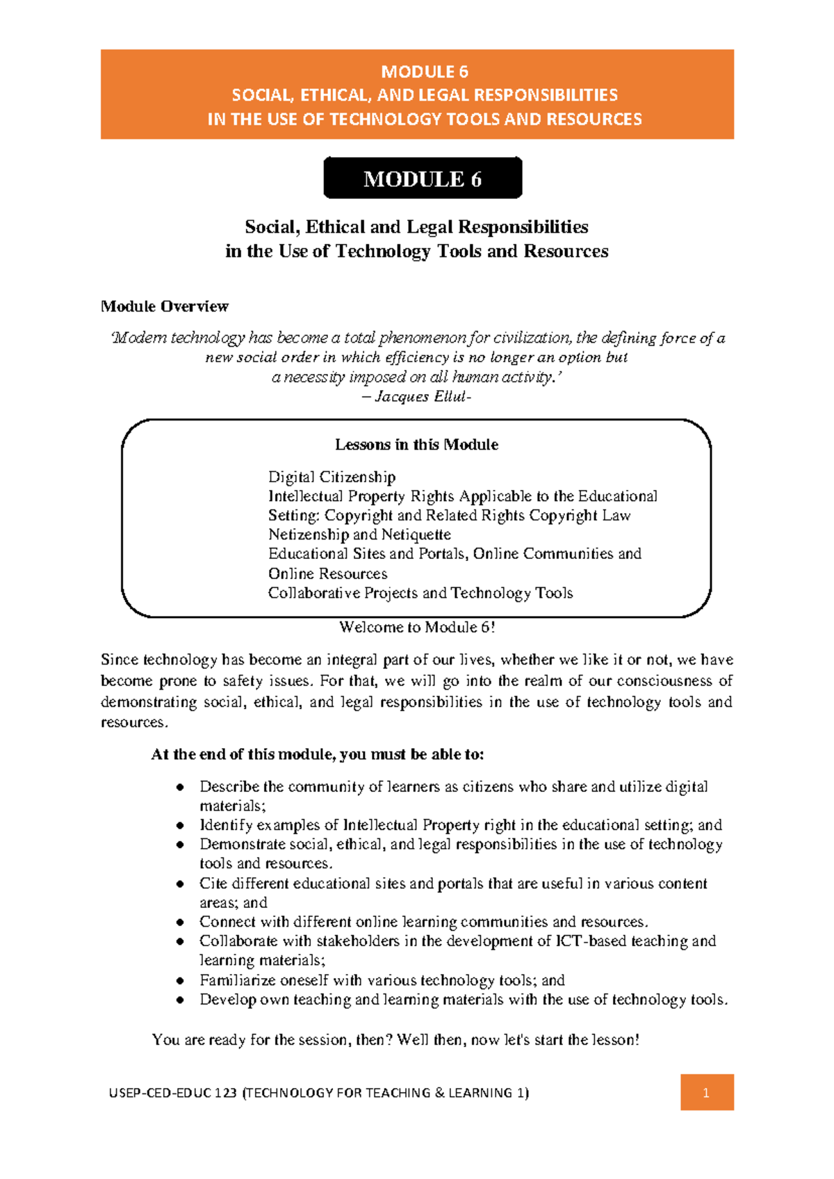 EDUC 123 Module 6: Social, Ethical & Legal Use of Technology Tools ...