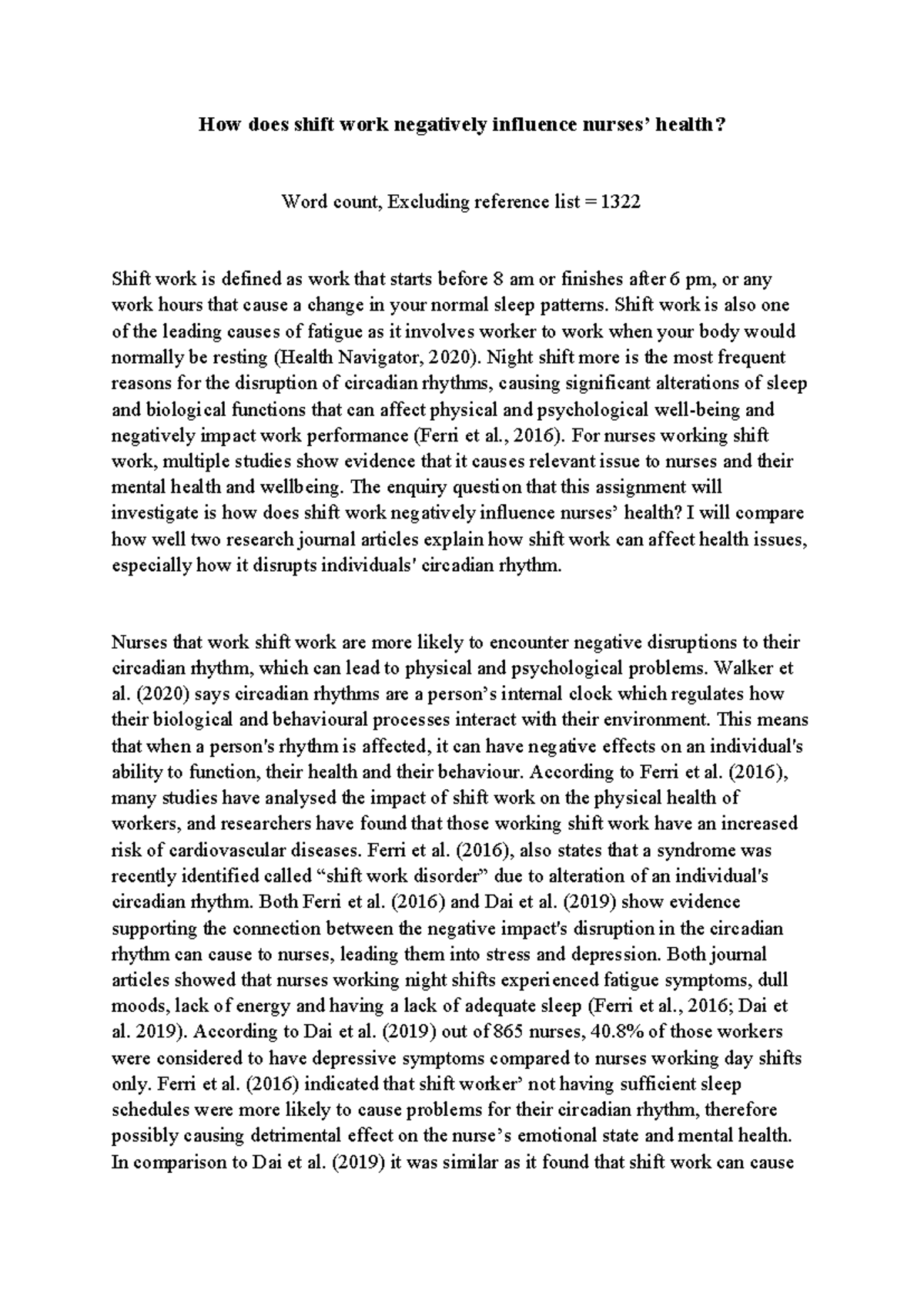 KEC Written Assessment: Impact of Shift Work on Nurses' Health - Studocu