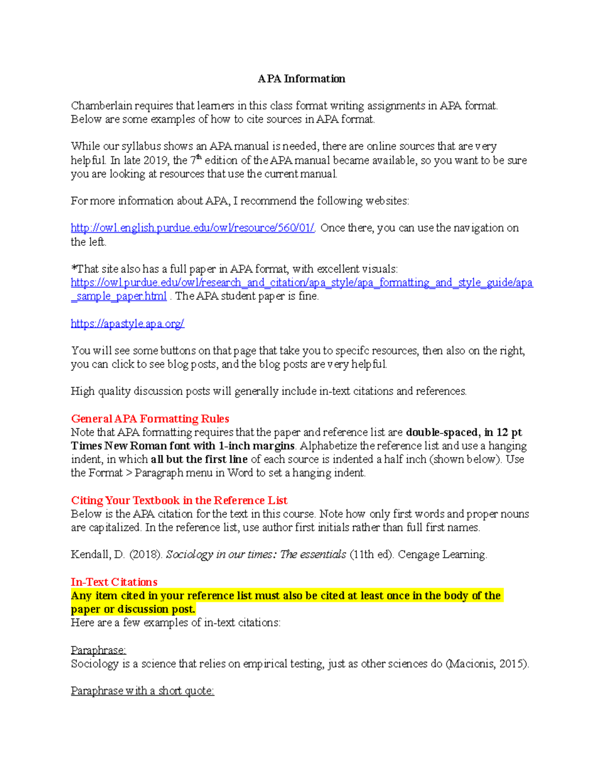 APA Tips Sheet - APA Help - APA Information Chamberlain requires that ...