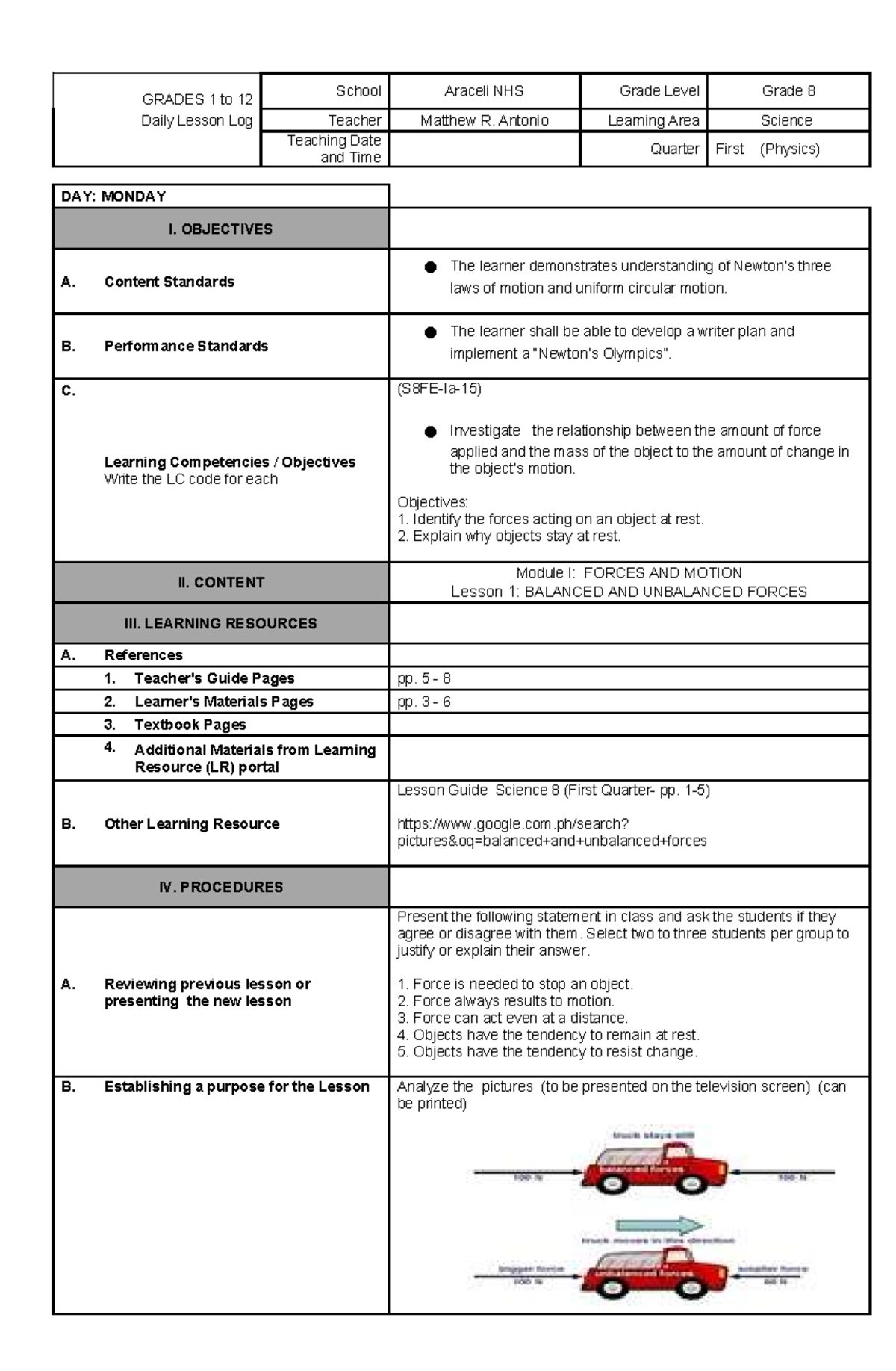 Daily Lesson Log: Grade 8 Science - Forces and Motion (1st Quarter ...