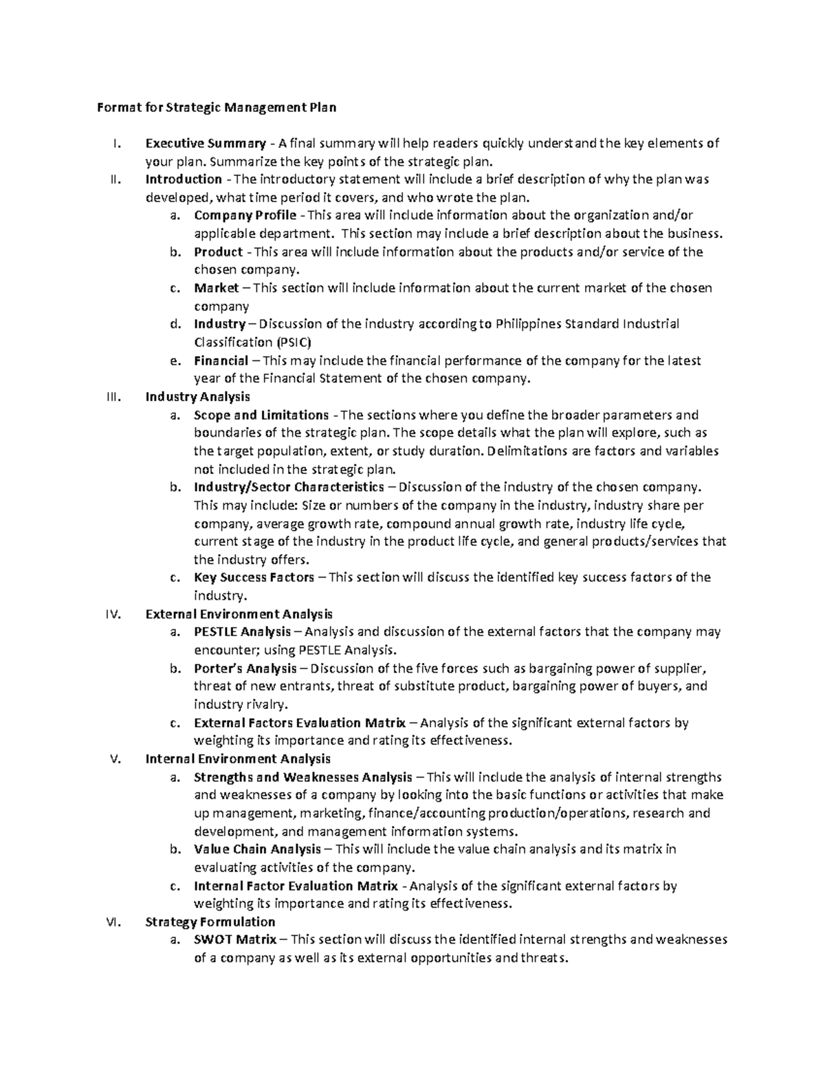 Final Format for Strategic Management Plan Analysis 2023 - Studocu