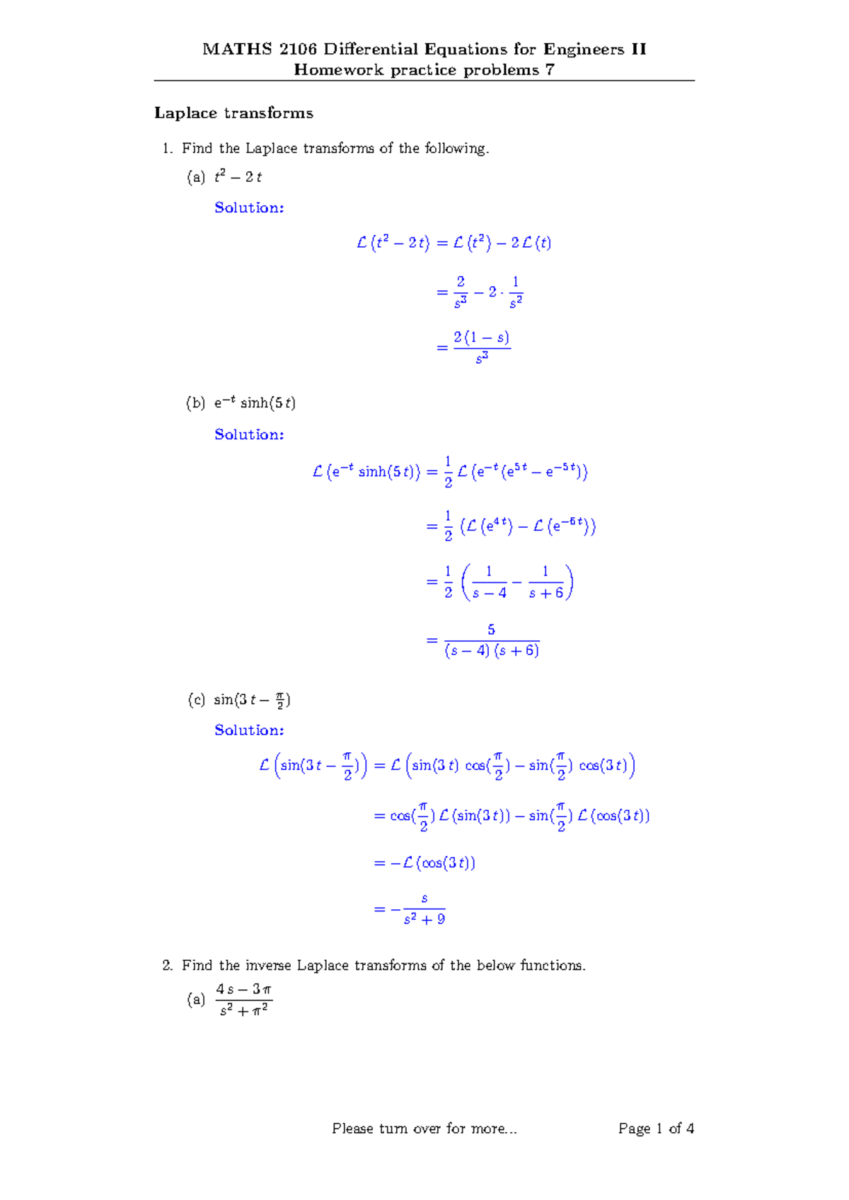 MATHS 2106 Differential Equations II Homework Practice 07 Solutions ...