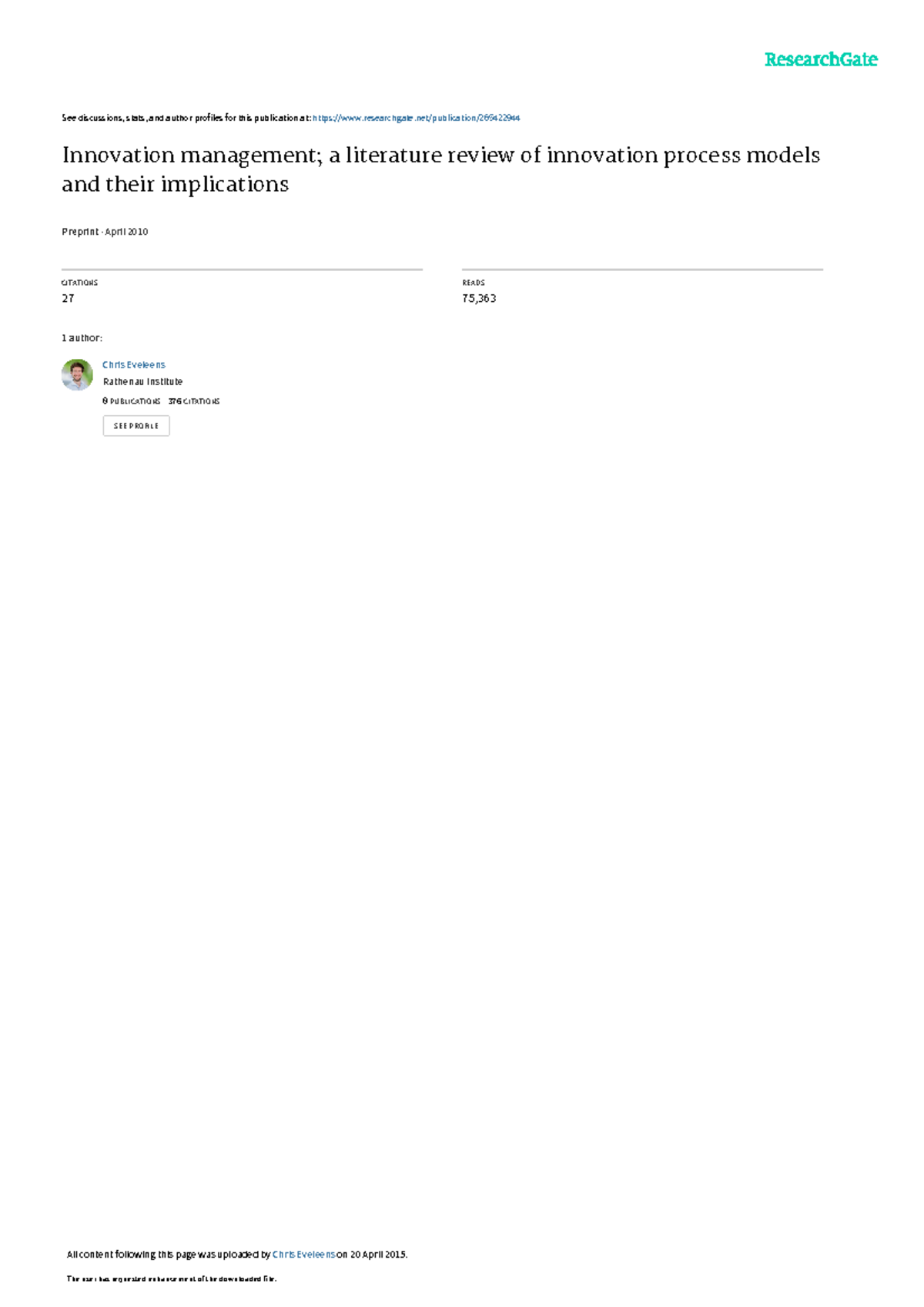 Innovation management a literature review of innov - ####### See ...