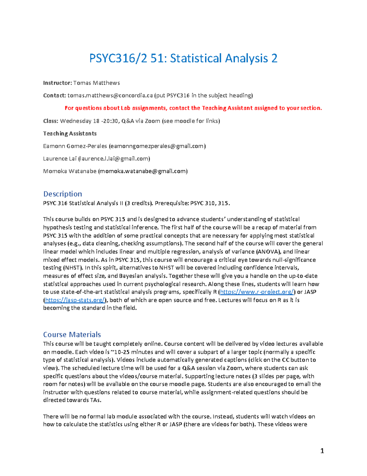 Syllabus for PSYC 316: Statistical Analysis II - Fall 2020 - Studocu