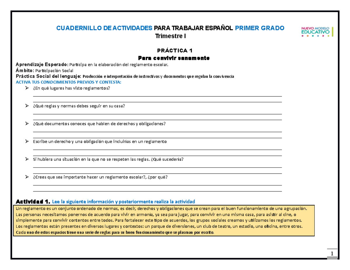 Cuadernillo Español 1° Primer Trimestre - CUADERNILLO DE ACTIVIDADES