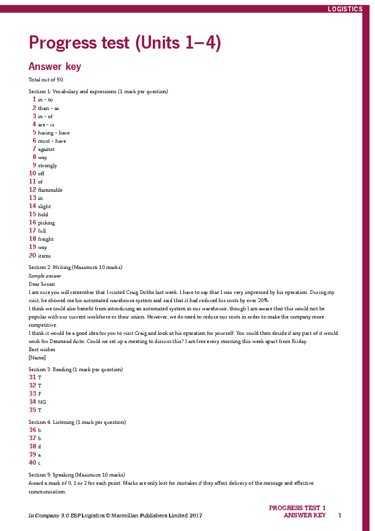 IC3 Logistics Progress Test 1 Answer Key & Guidelines - Studocu