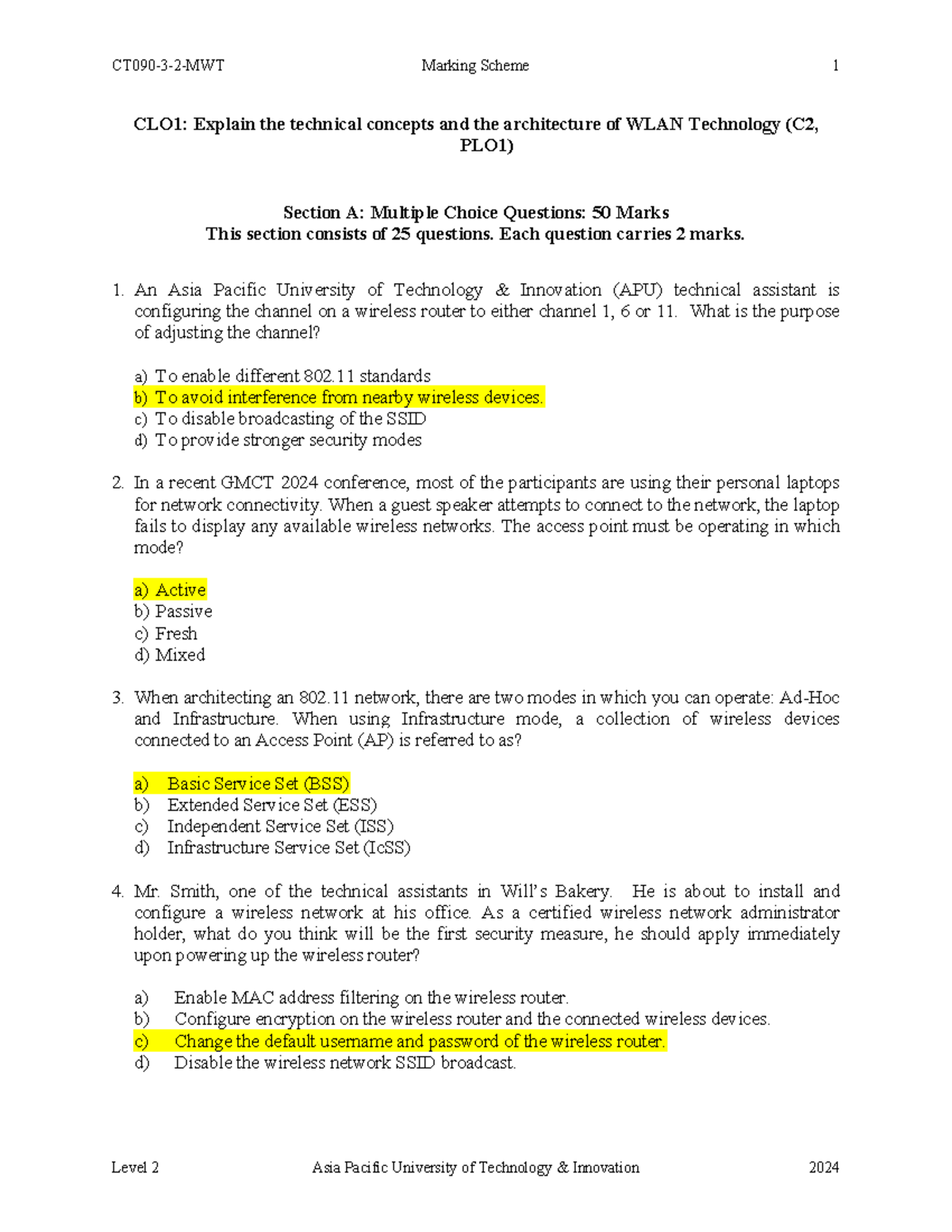 VE01 MWT APU Marking Scheme: WLAN Technology Assessment - Studocu