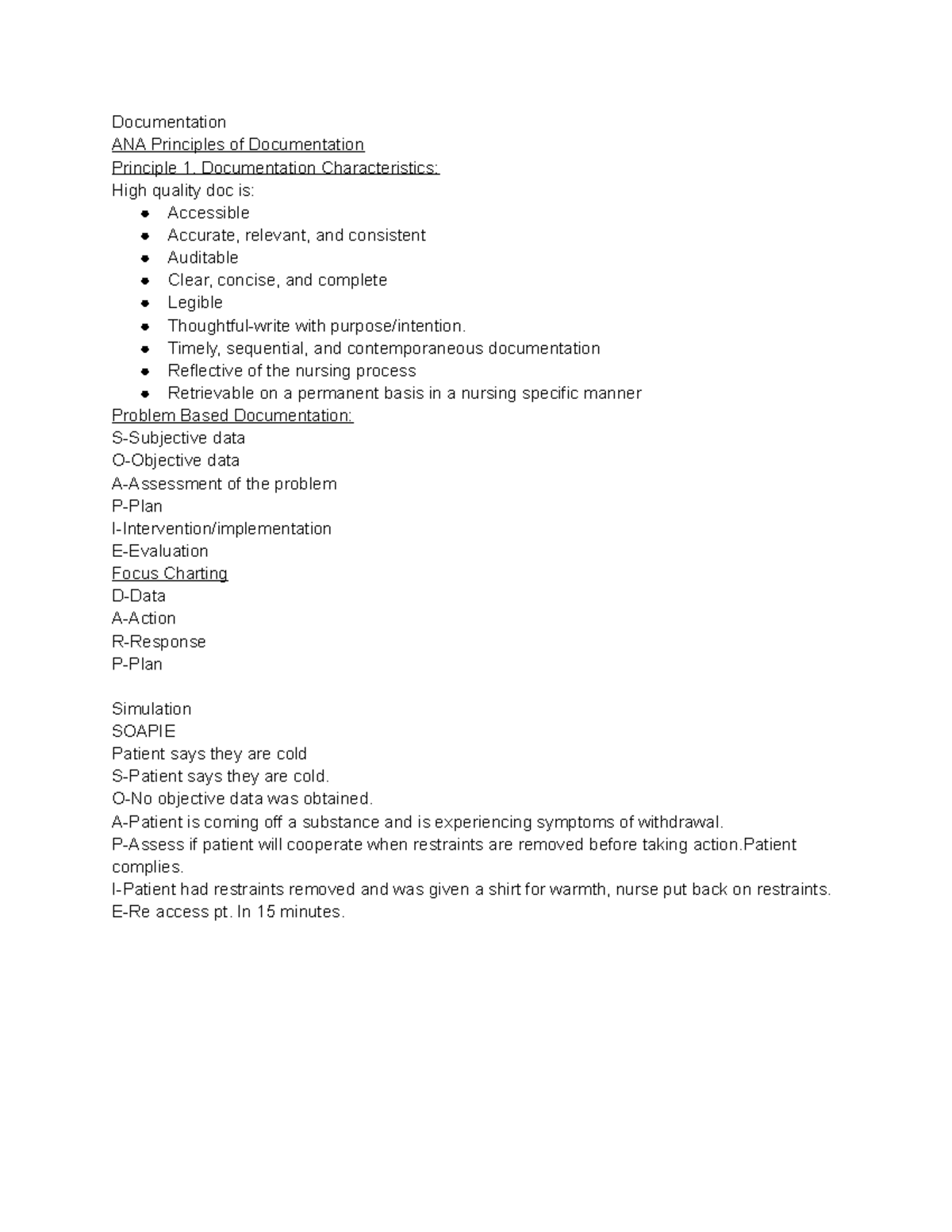 Nursing notes - Documentation ANA Principles of Documentation Principle ...