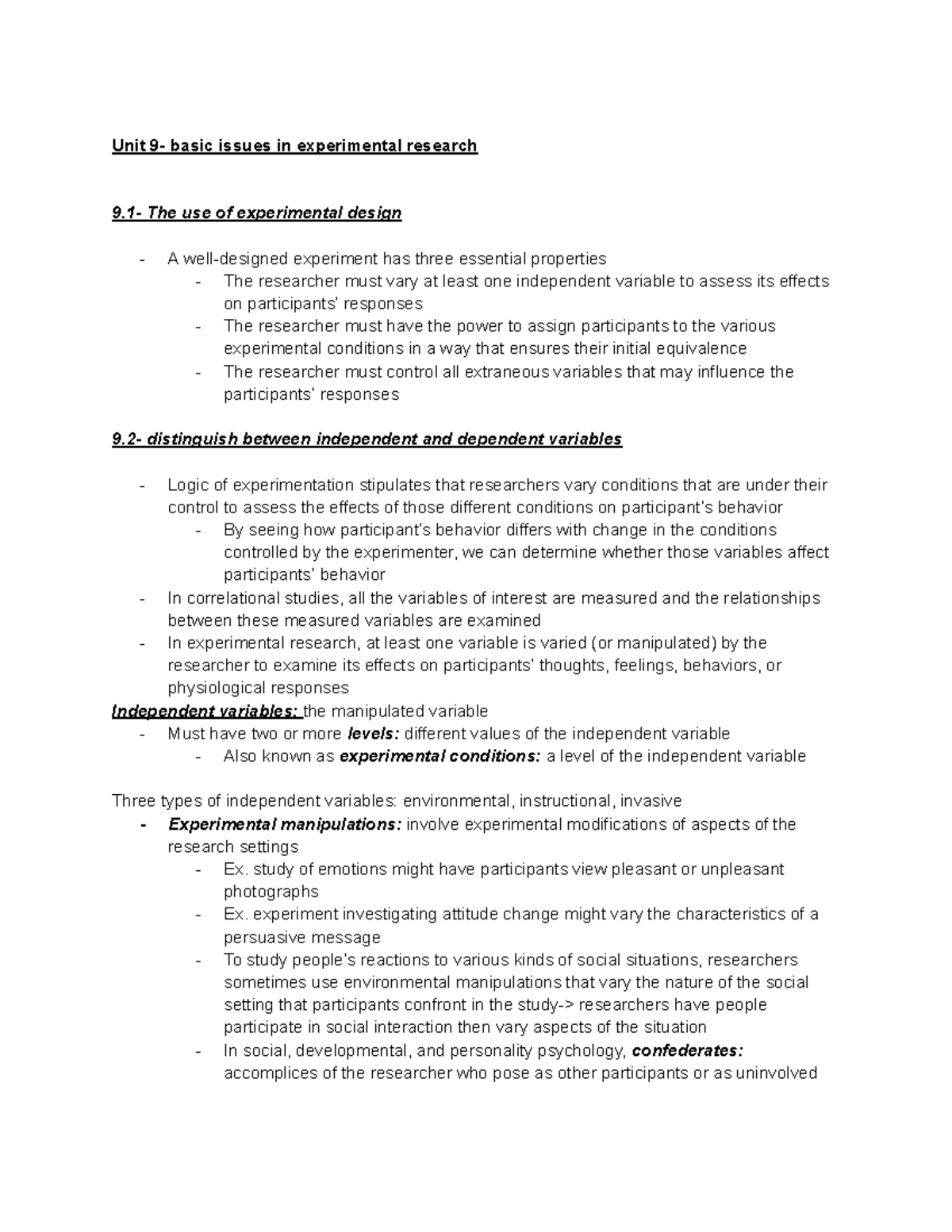 Research methods 9-15 - notes past midterm - Unit 9- basic issues in ...