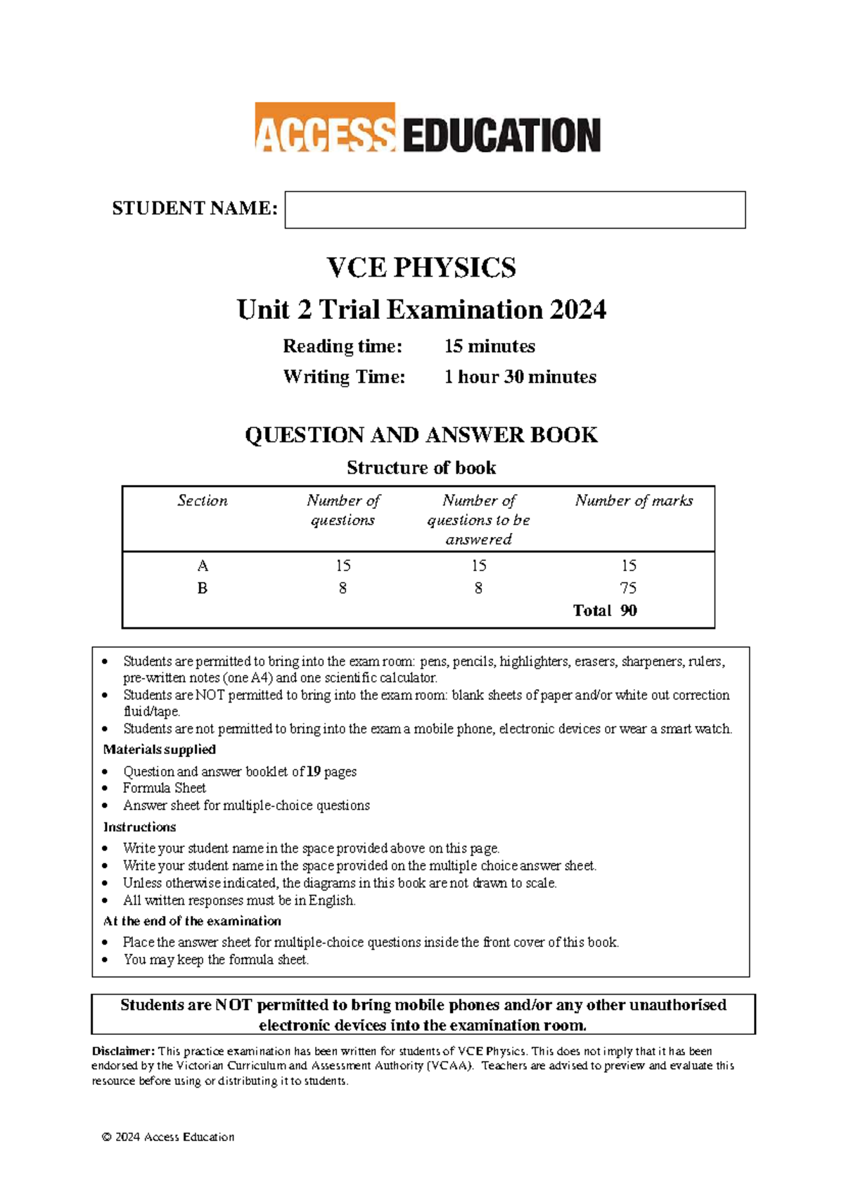 Access Ed VCE Physics Unit 2 Trial Exam 2024 Guide - Studocu