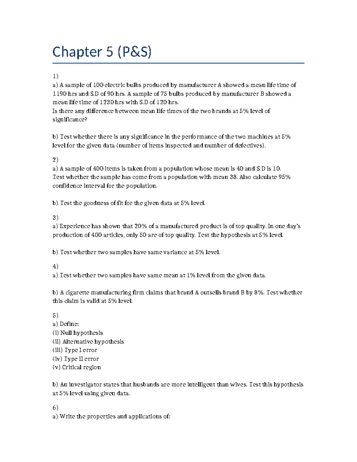 Chapter 5 (P&S) - Hypothesis Testing in Probability & Statistics - Studocu