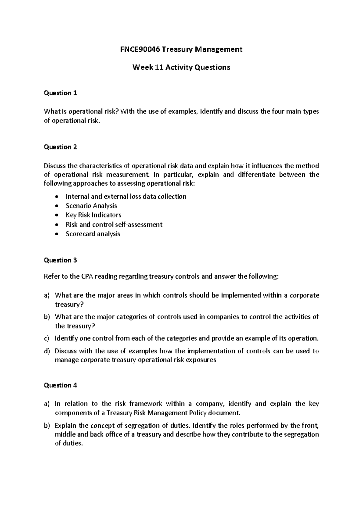 FNCE90046 Treasury Management Week 11 Activity Questions 2024 - Studocu