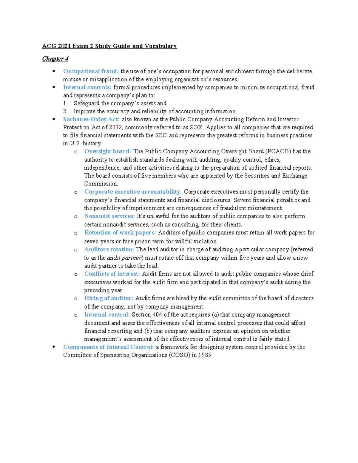 ACG 2021 Exam 2 Study Guide: Occupational Fraud &amp; Internal Controls ...