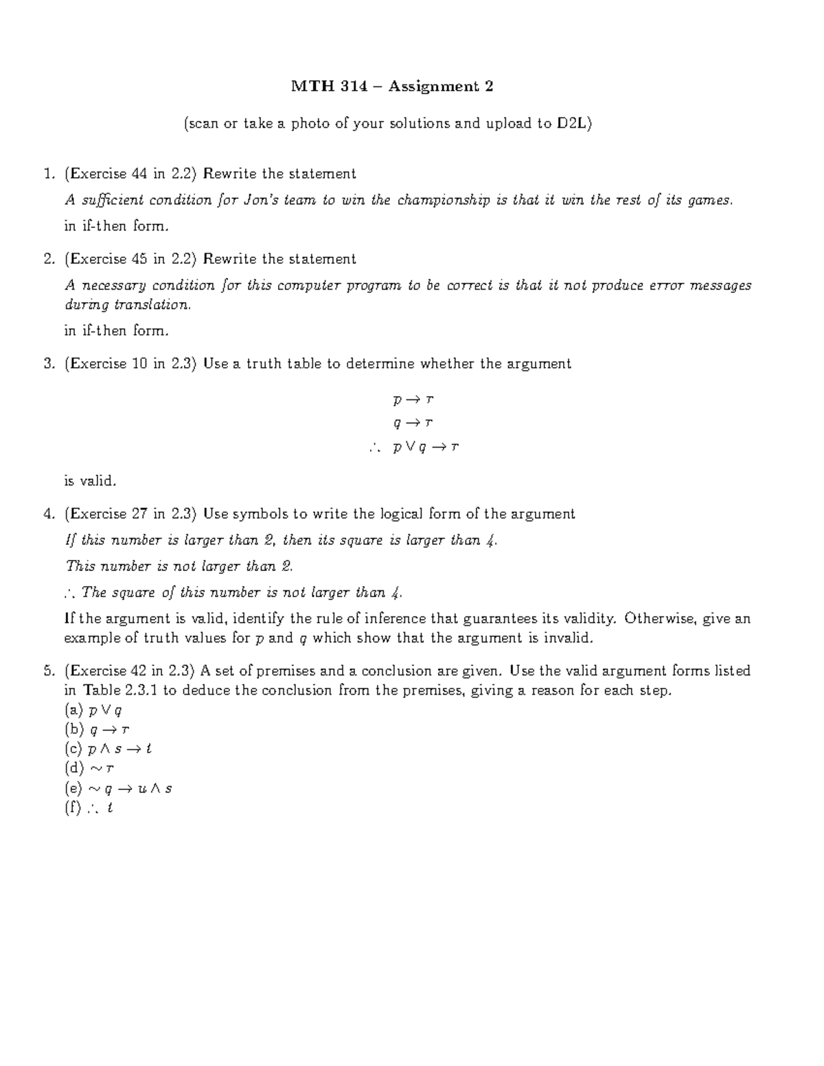 MTH 314 - Assignment 02: Logic Exercises and Solutions - Studocu