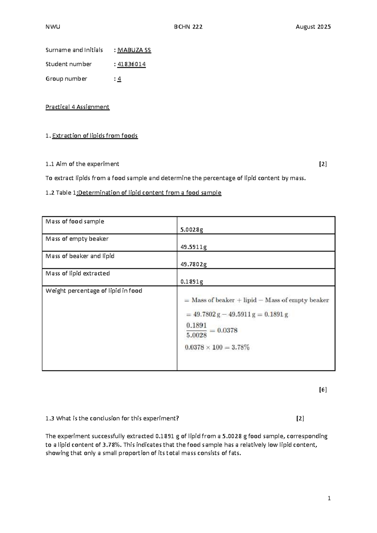 NWU BCHN Practical 4 Assignment: Lipid Extraction & Solubility Analysis ...