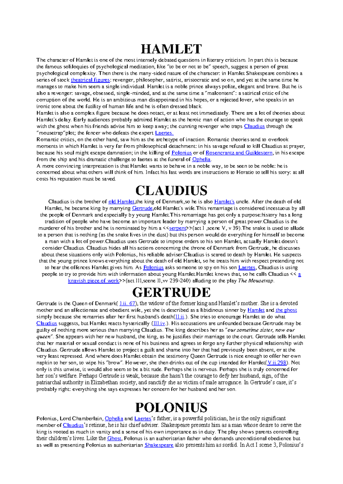HAMLET (ENG 101) - IN-DEPTH ANALYSIS OF KEY CHARACTERS - Studocu