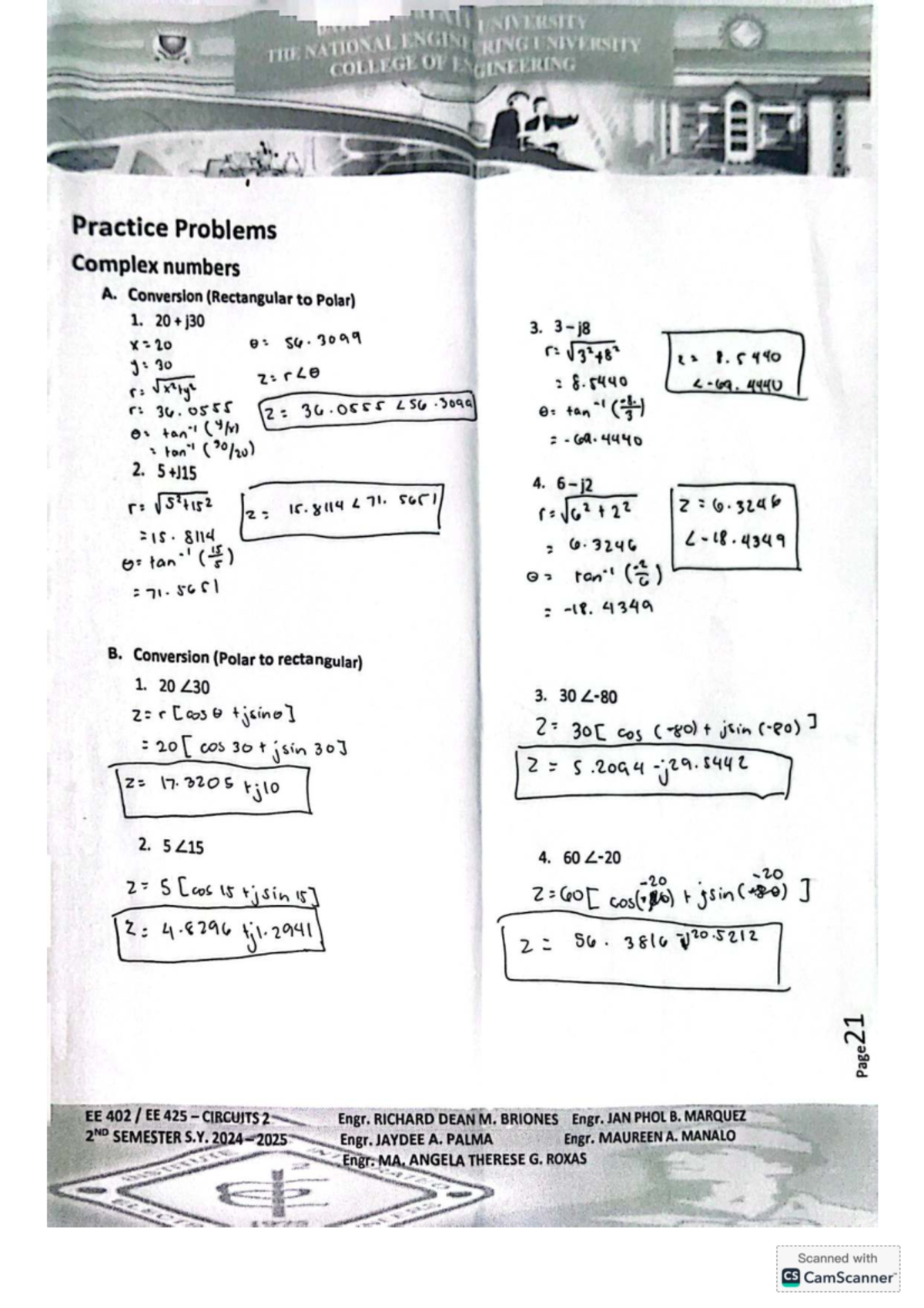EE 402 EE 425 CIRCUITS 2 Practice Problems on Complex Numbers and ...