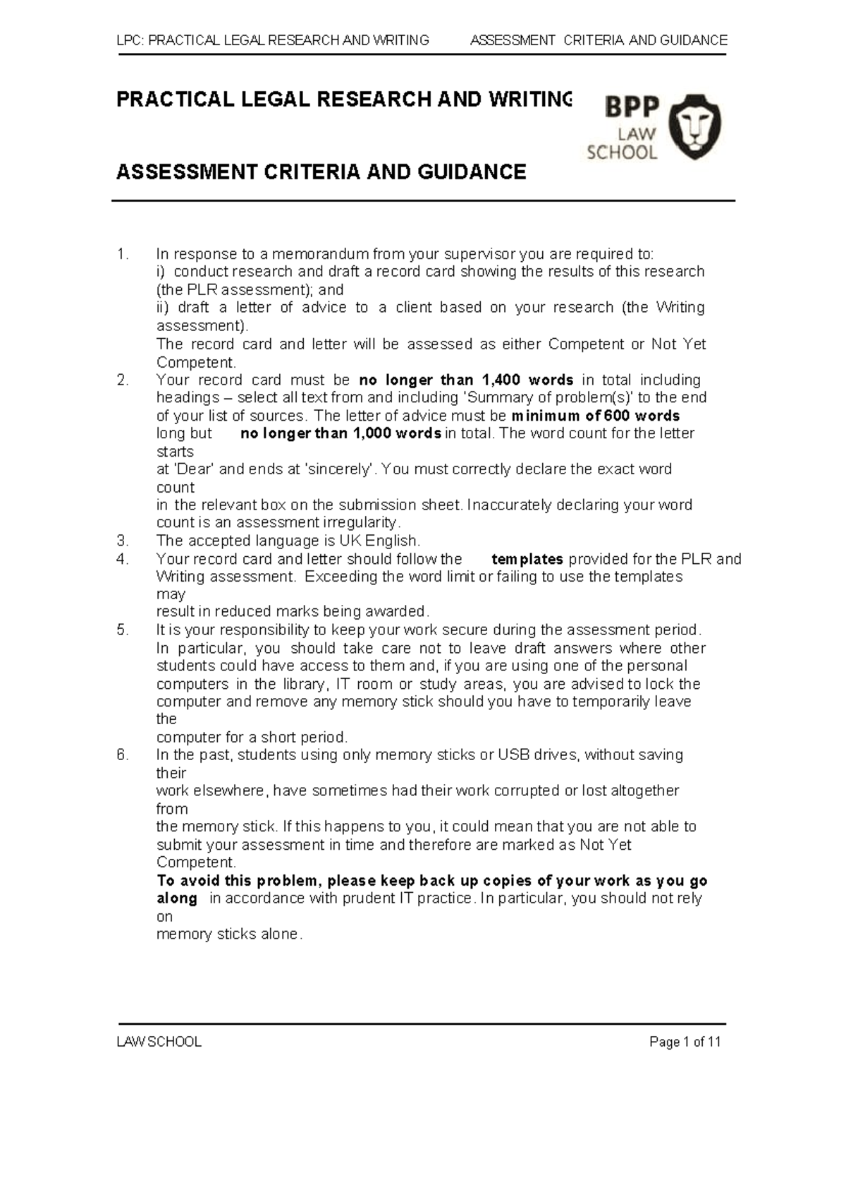 PLR &amp; Writing Assessment Guide: Criteria for Legal Practice Course ...