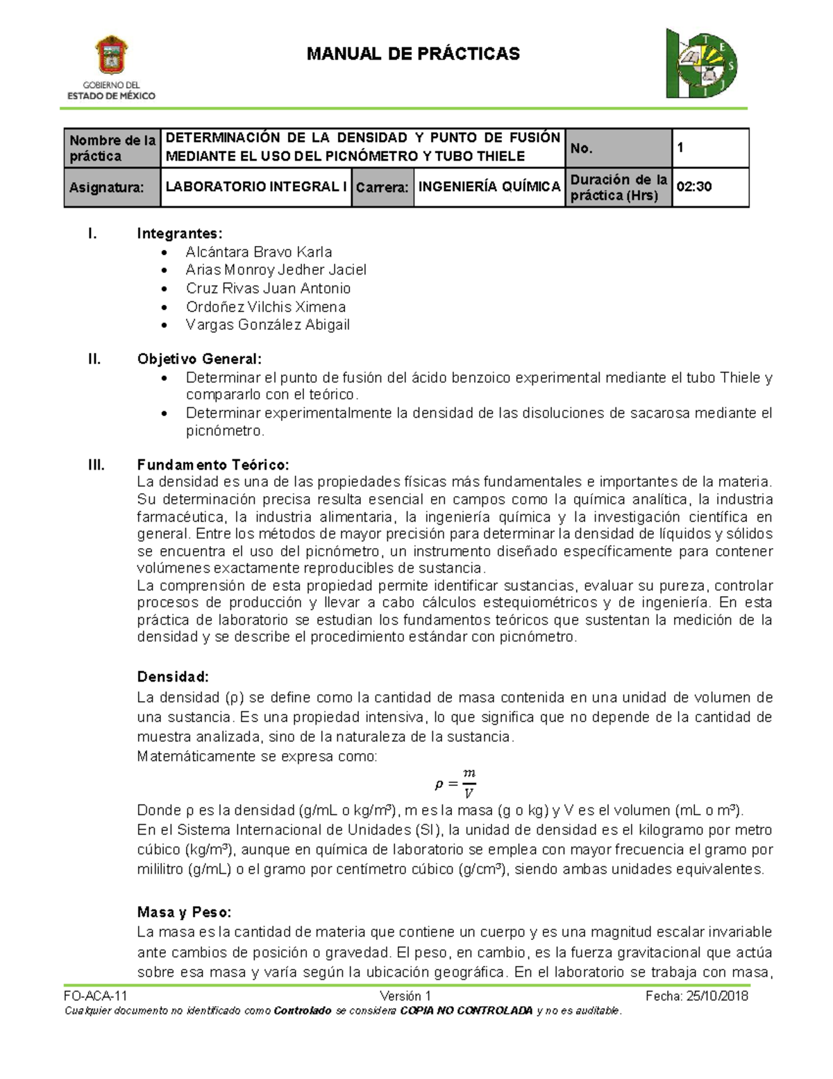 Práctica 01: Determinación de Densidad y Punto de Fusión en Laboratorio ...