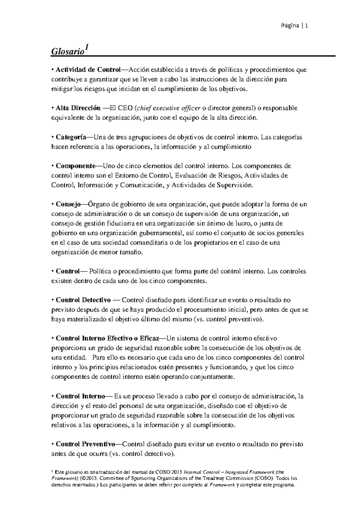 Glosario en Español del Marco COSO 2013 de Control Interno - Studocu