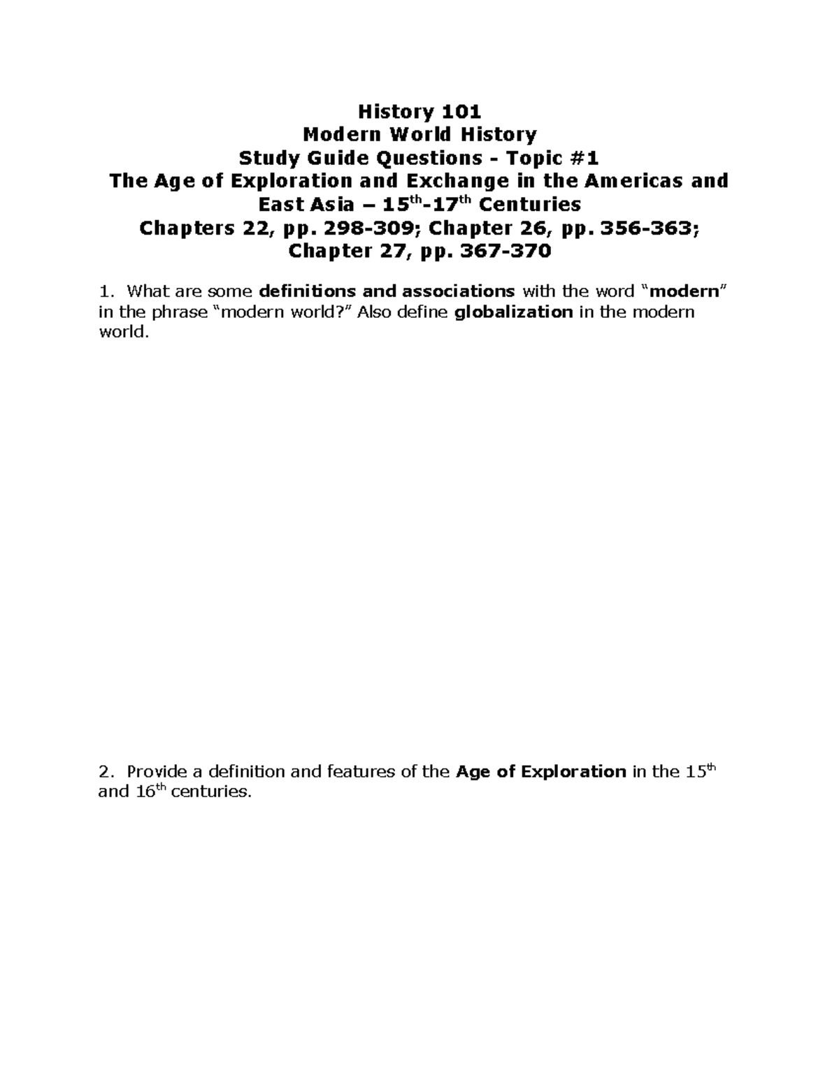 Modern World History Study Guide: Age of Exploration (History 101 ...