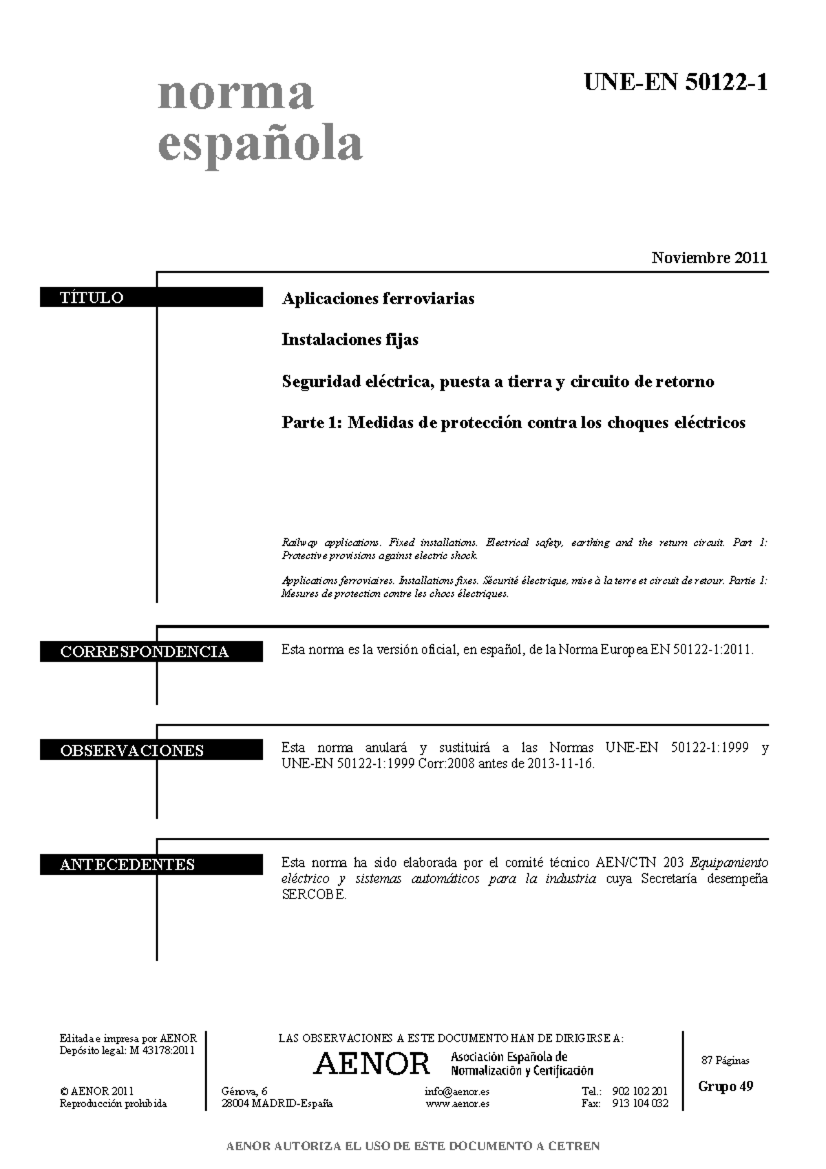 Norma UNE 50122-1:2011 - Seguridad Eléctrica y Protección contra Choques en - Document Preview