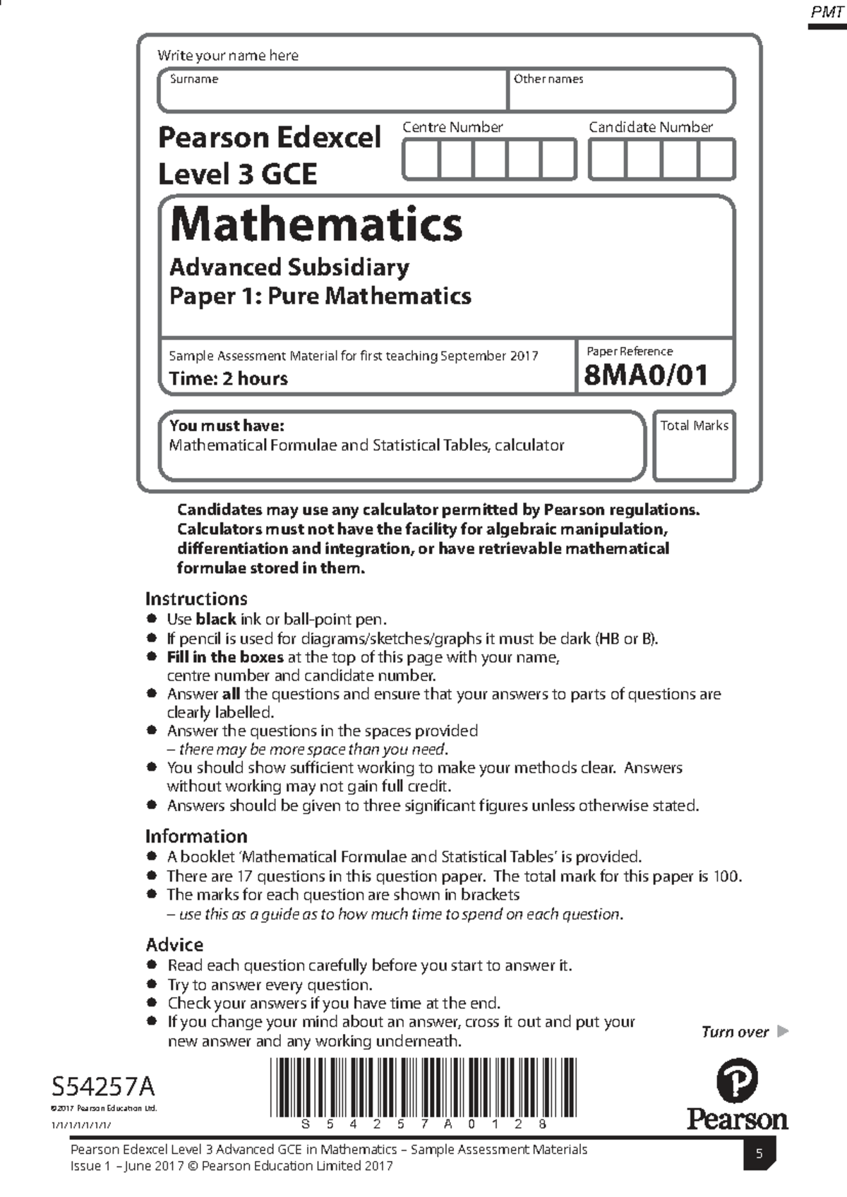 Mathematics Level 3 GCE AS Paper 1: Pure Math Sample QP 2017 - Studocu