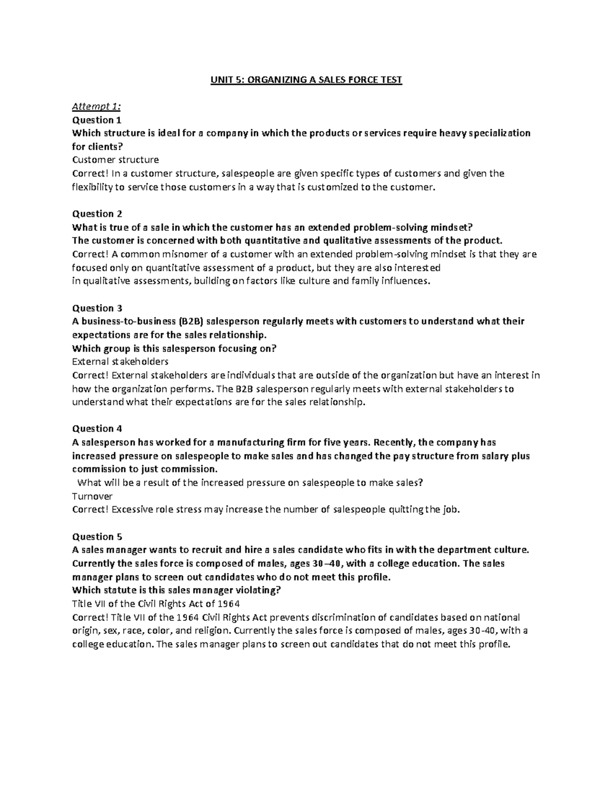 D099 Unit 5 Sales Force Structure and Recruitment Test Guide - Studocu