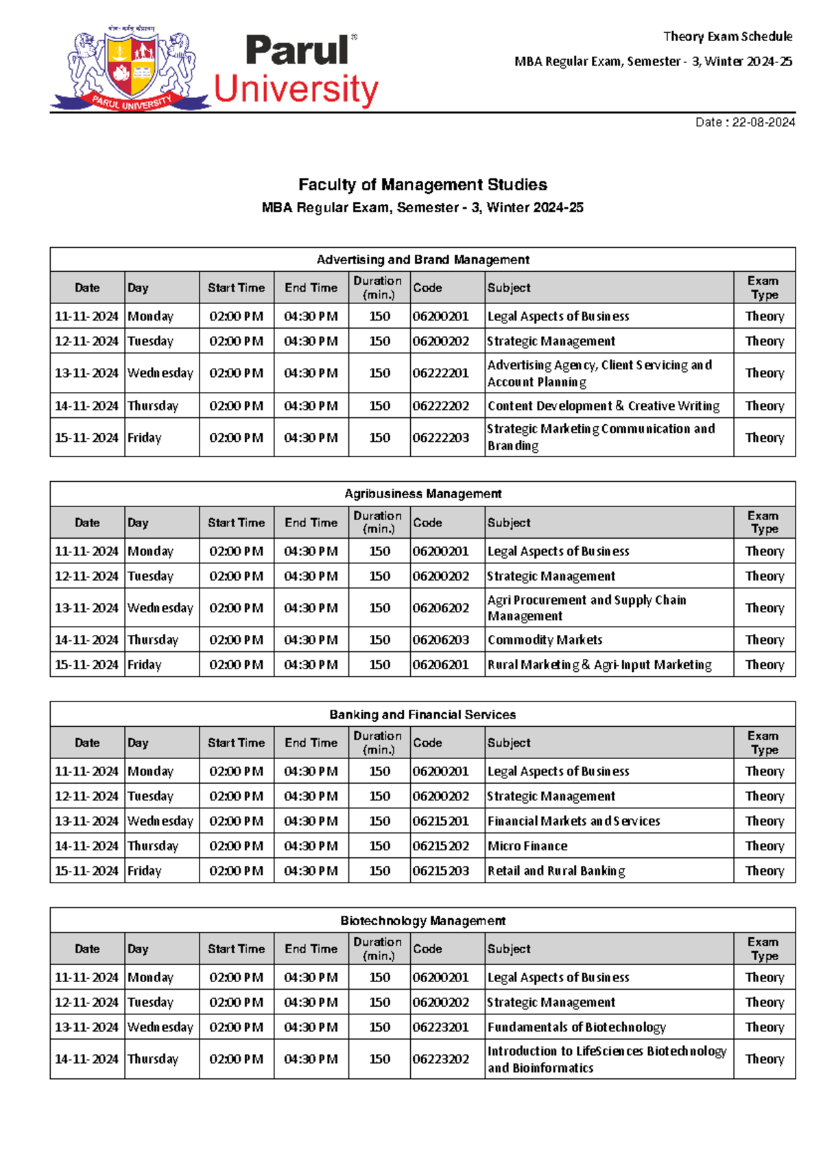 Theory Exam Schedule MBA Regular Exam Semester 3 Winter 2024 25 ...