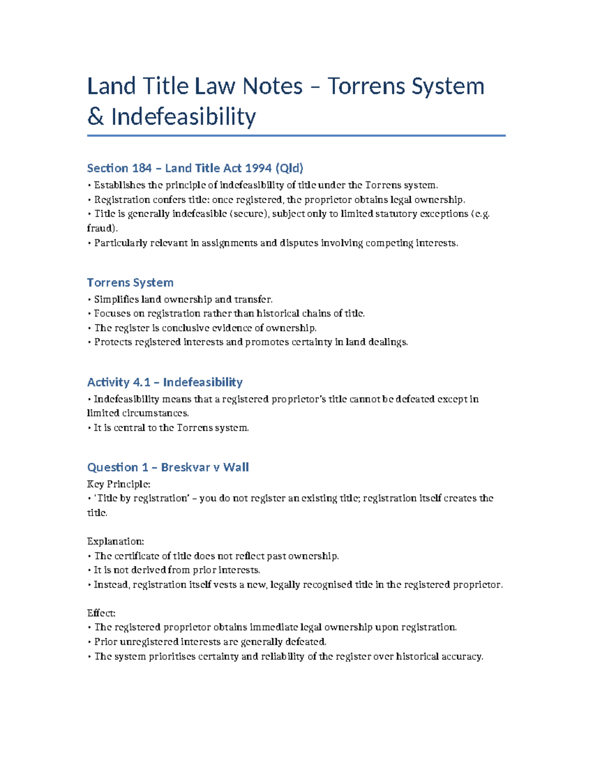 Land Title Law Notes: Torrens System Indefeasibility & Key Cases - Studocu