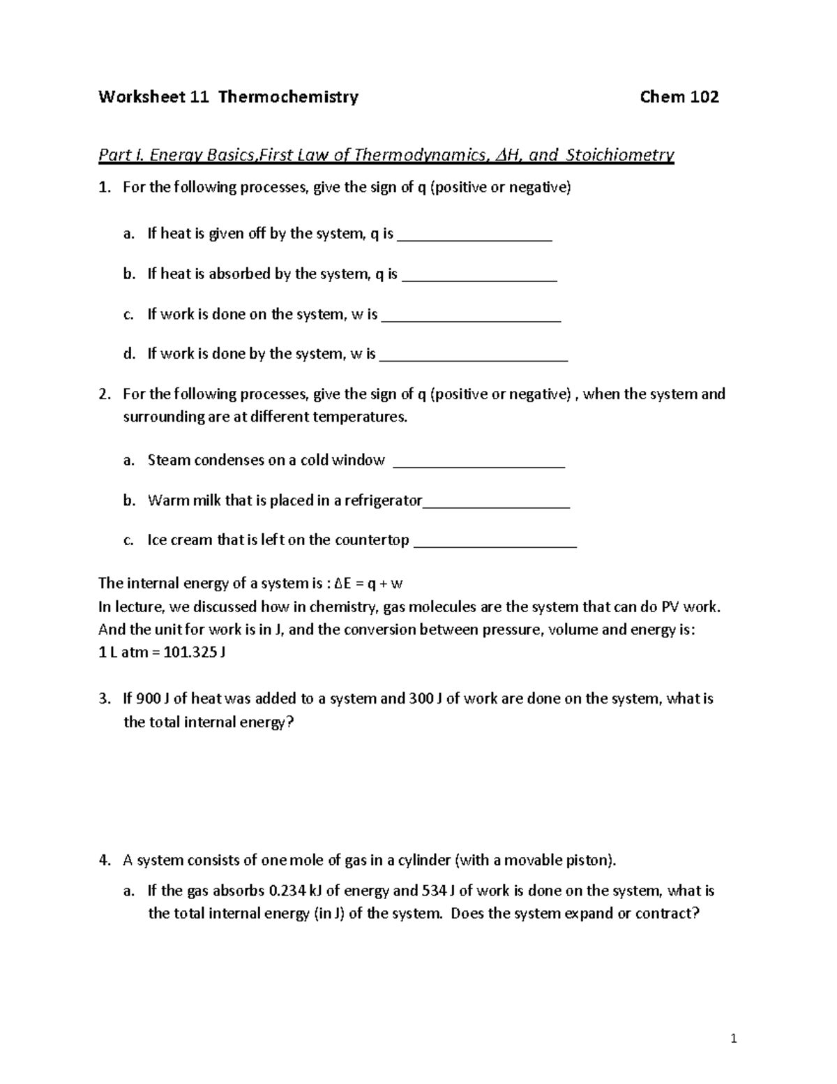 Worksheet 11: Thermochemistry Concepts & Calculations - Chem 102 - Studocu