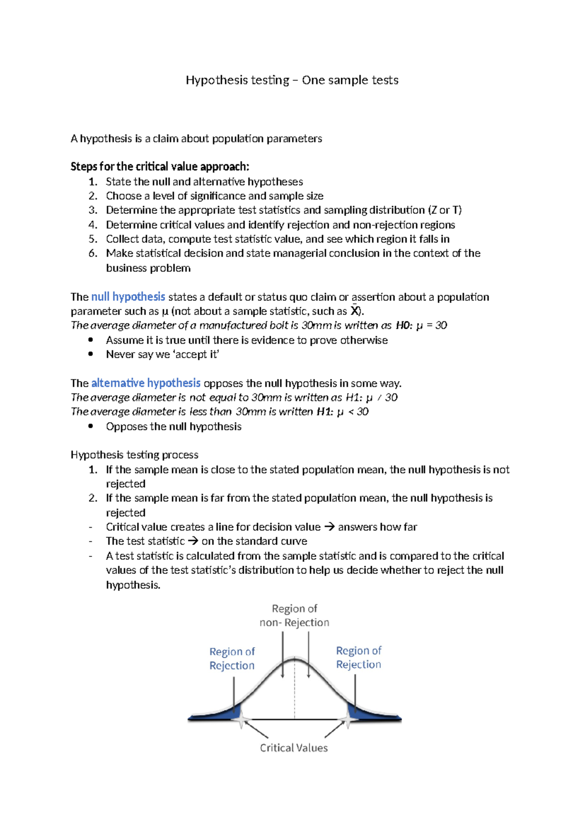 Week 8 - Hypothesis testing (one sample) - Hypothesis testing – One ...