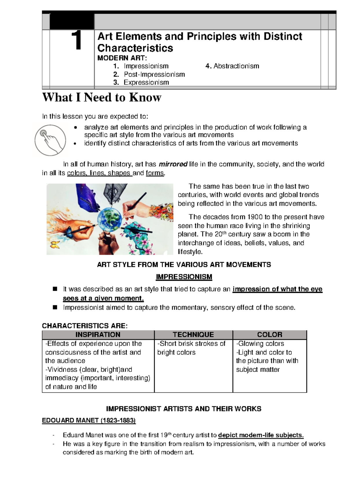 Q1- ARTS DAY 1AND2 - Lesson 1 - What I Need to Know In this lesson you ...
