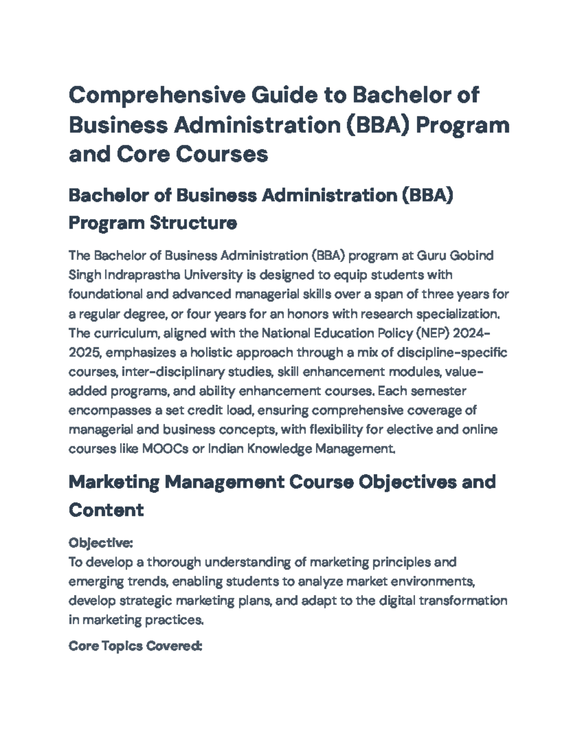 Comprehensive Overview of BBA Program & Core Courses Structure - Studocu