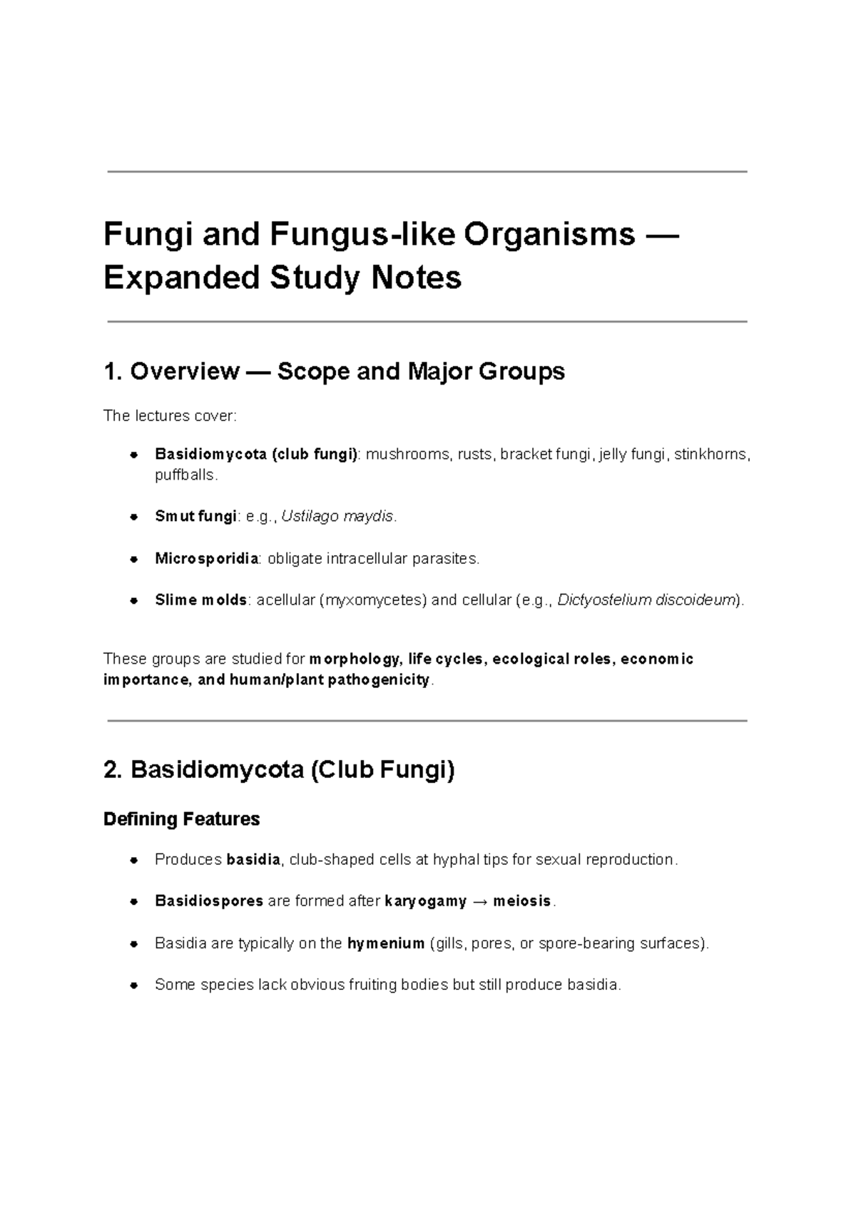 Fungi and Organisms Study Notes (Week 11) - Major Groups and Life ...