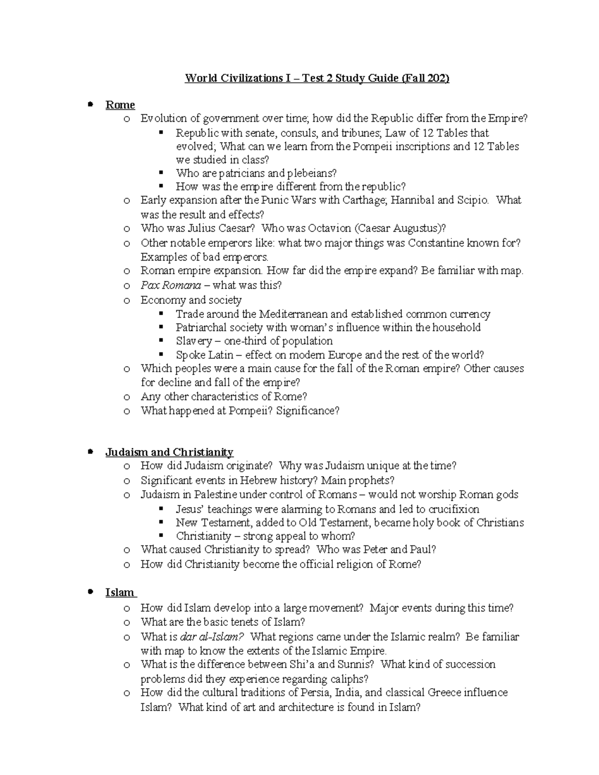 World Civilizations I – Test 2 Study Guide (Fall 2023) - Studocu