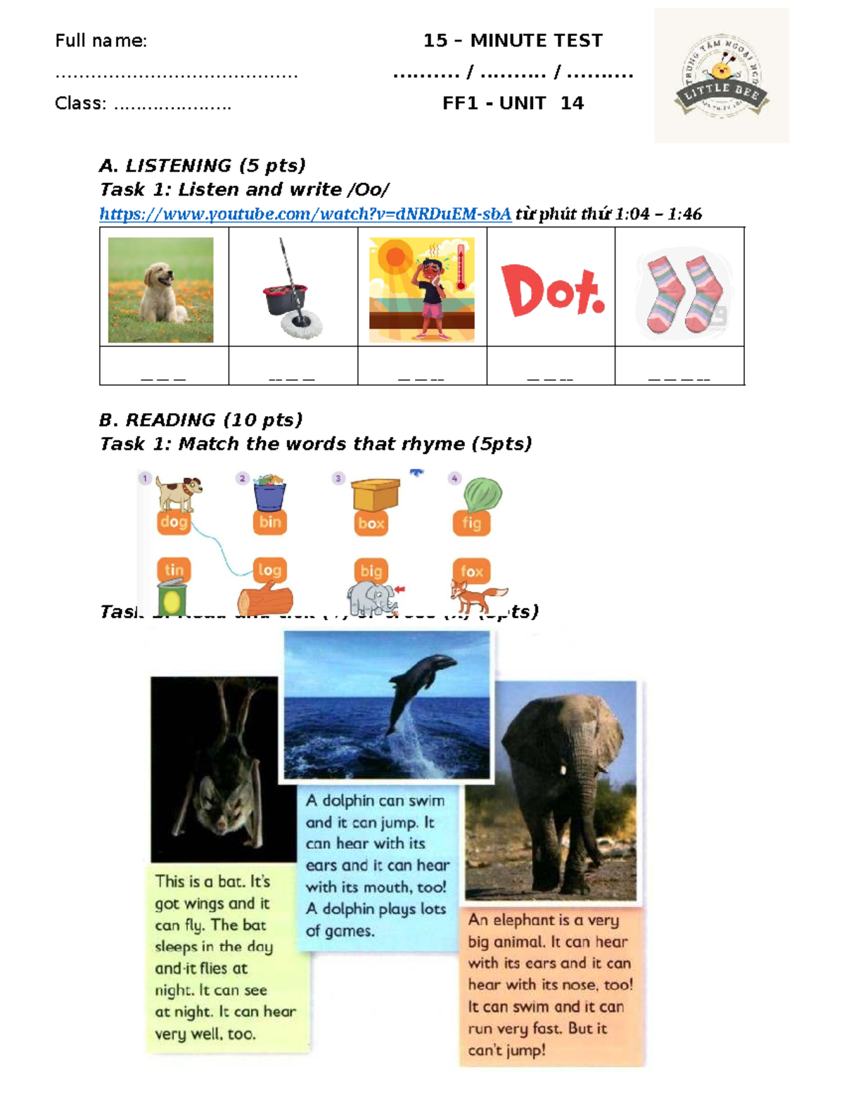 15-Minute Test: FF1 Unit 14 Listening, Reading, and Writing Tasks ...