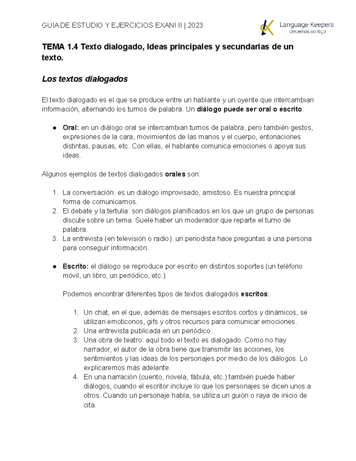 Comprensión Lectora (5 02 23) - TEMA 1 Texto dialogado, Ideas ...